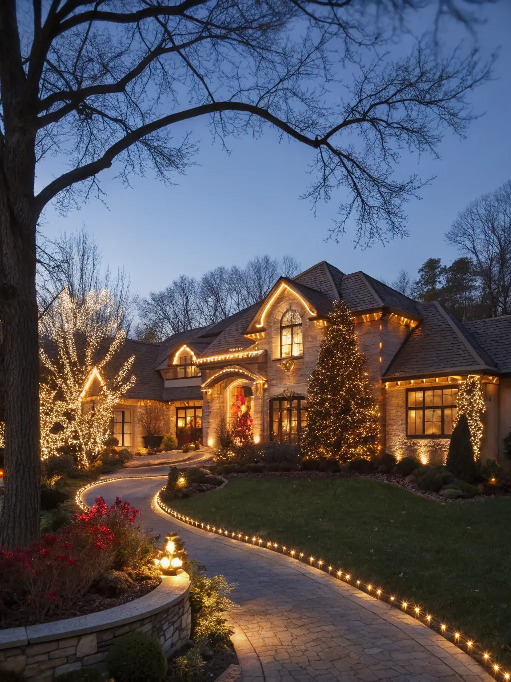 A brightly lit suburban home at night, completely covered in colorful Christmas lights, showcasing a professional installation.